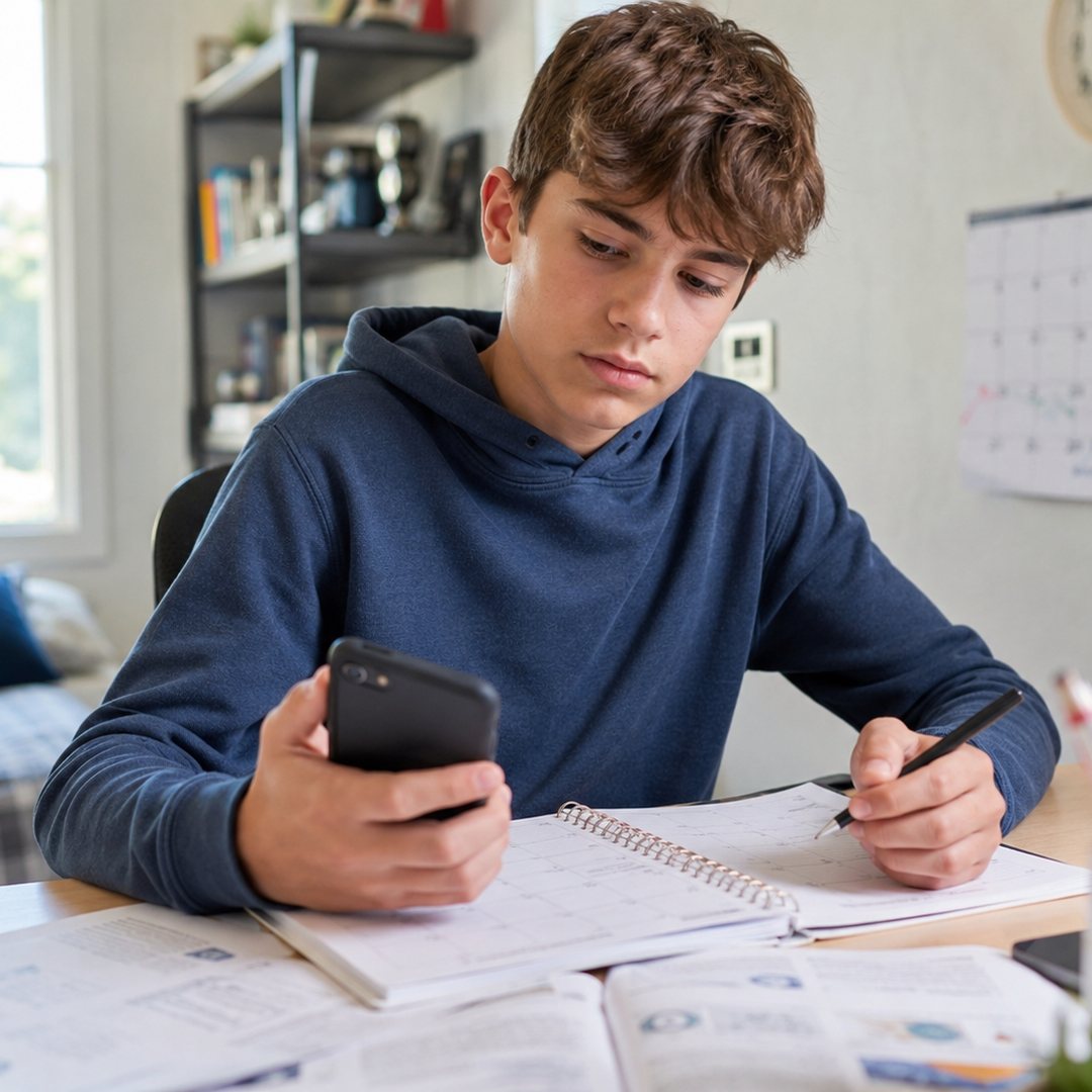Teen student at a desk looking at a phone while homework and planner are open, showing avoidance and procrastination