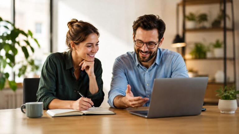 Two professionals collaborating on proactive workflow planning in a bright office