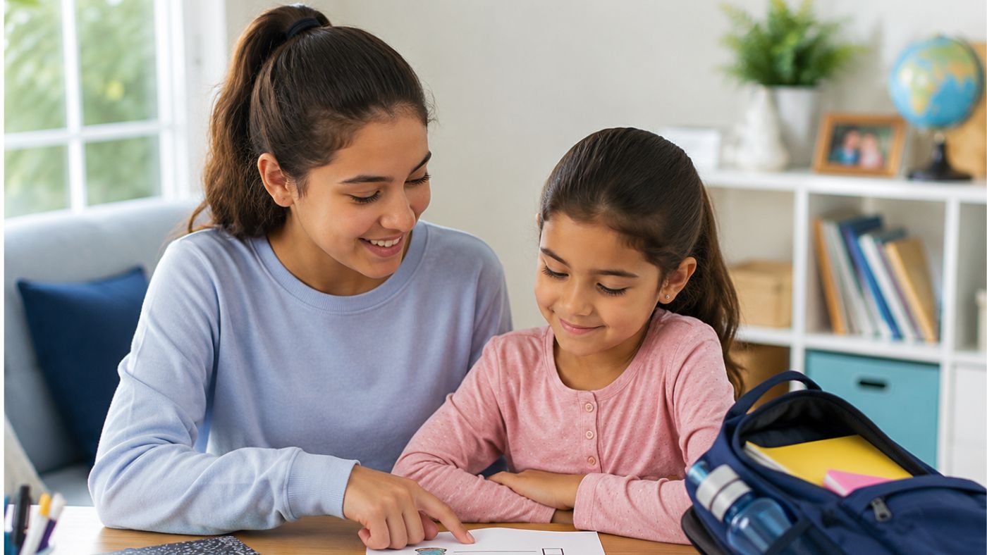 Student using a planner and notebook to stay organized with homework