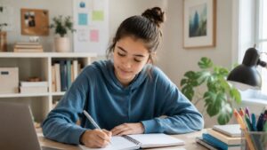 Student using a planner and notebook to stay organized with homework