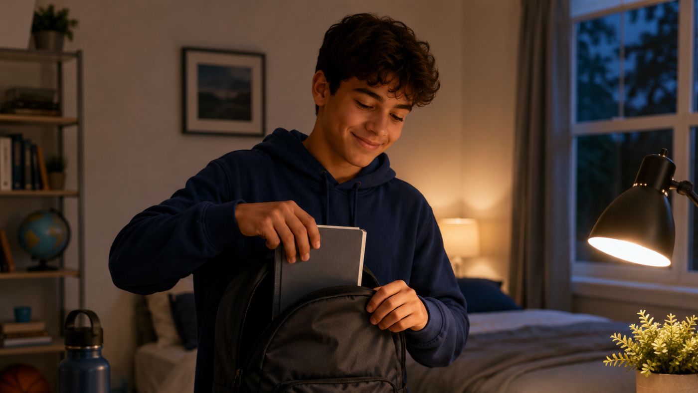 Student packing a backpack at night to prepare for the next school day